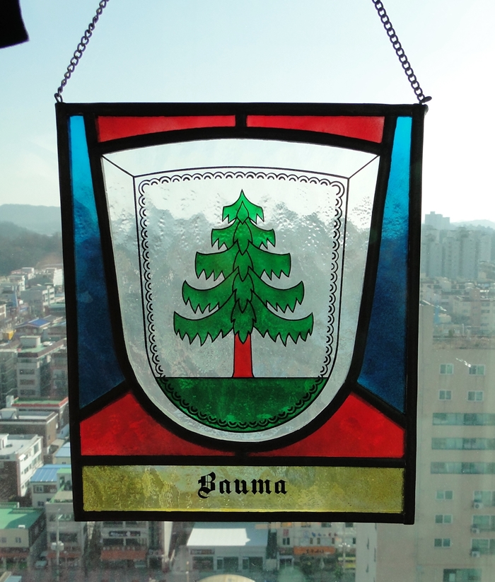 오리지널 엔틱 스위스 스테인드 글라스, 작은 마을 바우마(Bauma) 상징,Stained glass