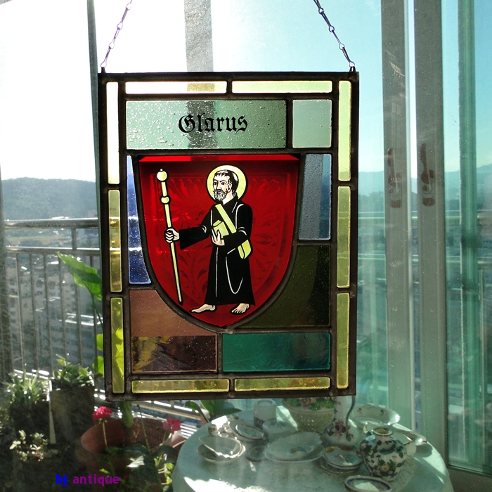 오리지널 엔틱 스위스 스테인드 글라스 세인트 글라루스 성자,Stained glass